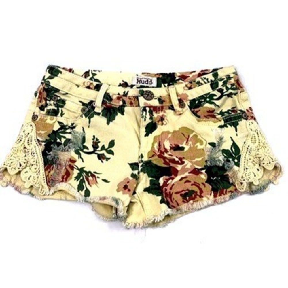 Yellow Floral Denim Shorts Juniors 7 Lace Shorttail‎ Booty Cut Offs Distress